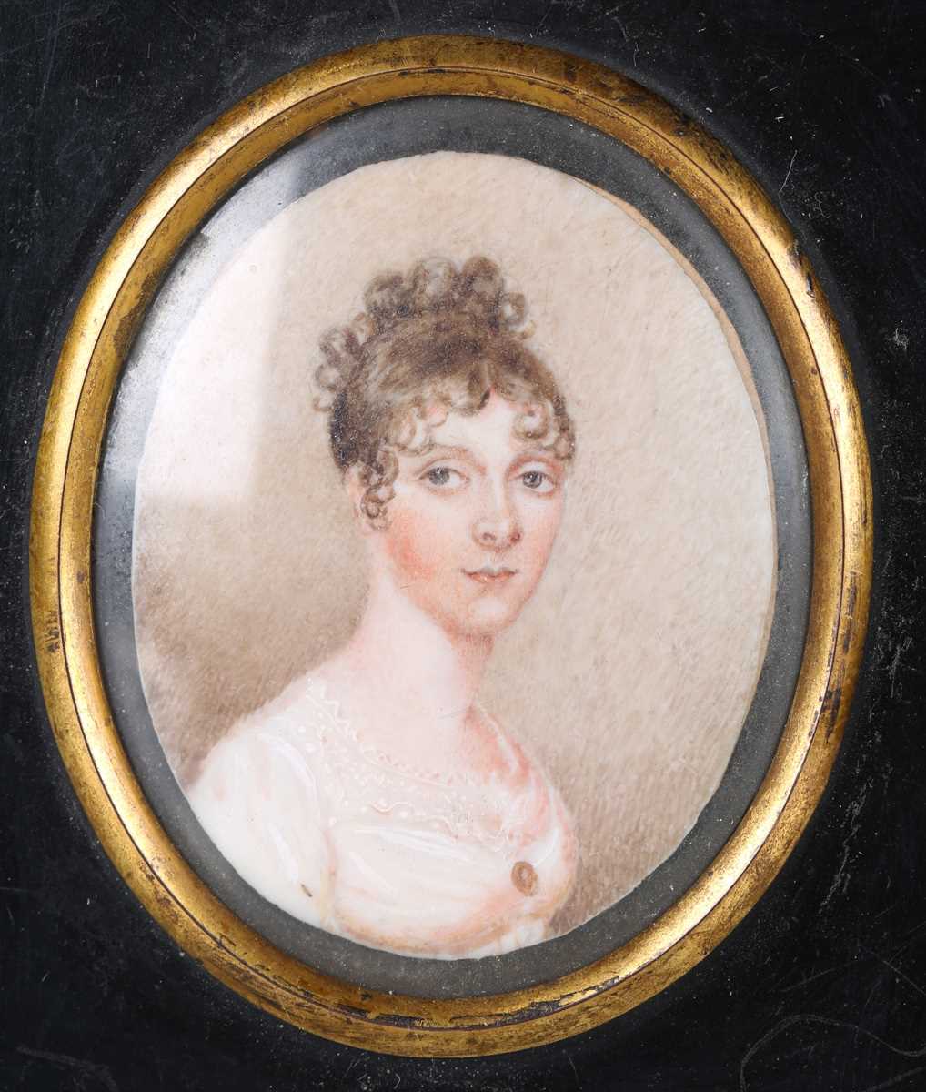 British School - an early 19th century watercolour portrait miniature on ivory depicting a young - Image 3 of 6