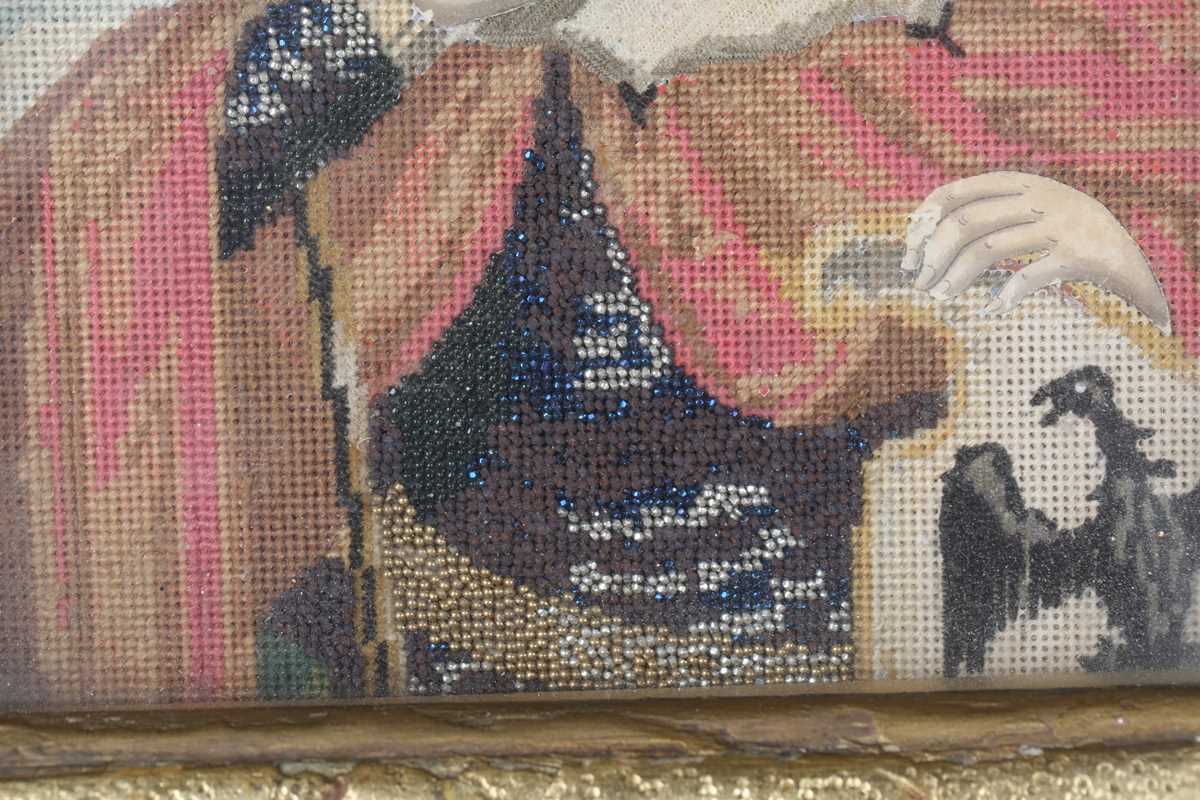 A 19th century printed, needlework and beaded icon depicting Jesus Christ, within a giltwood - Image 4 of 9
