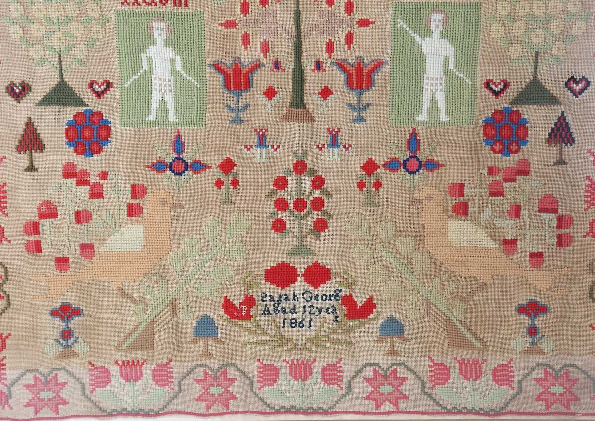A large mid-Victorian woolwork sampler by Sarah George, aged 12 years, dated 1861, worked in - Image 4 of 6