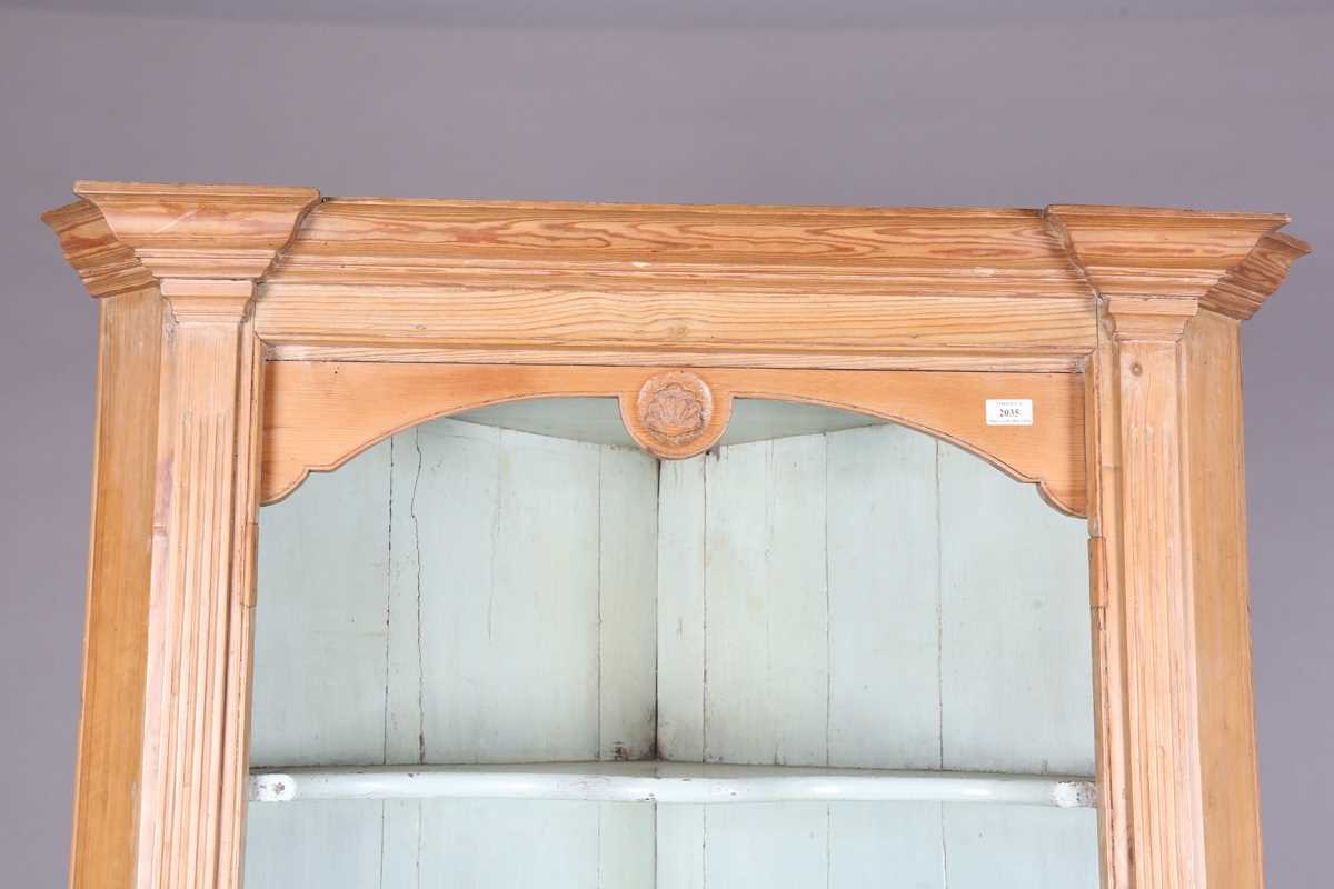 A 19th century pine corner cabinet, the open shelves painted in pale blue above a small two-door - Image 2 of 8