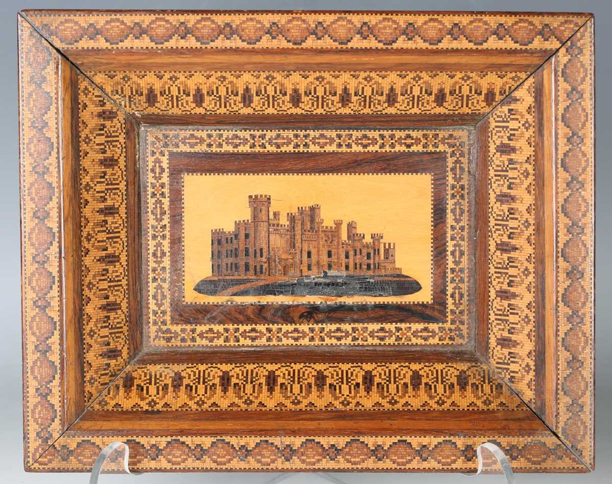 A late Victorian Tunbridge ware rectangular dish, the centre with a mosaic view of Eridge Castle,