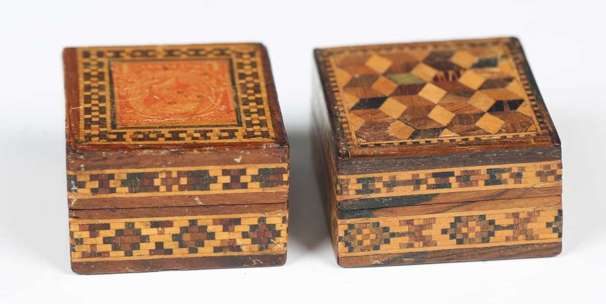 An Edwardian Tunbridge ware stamp box, the lid with an applied 'One Penny' stamp, length 3.8cm, - Image 8 of 9