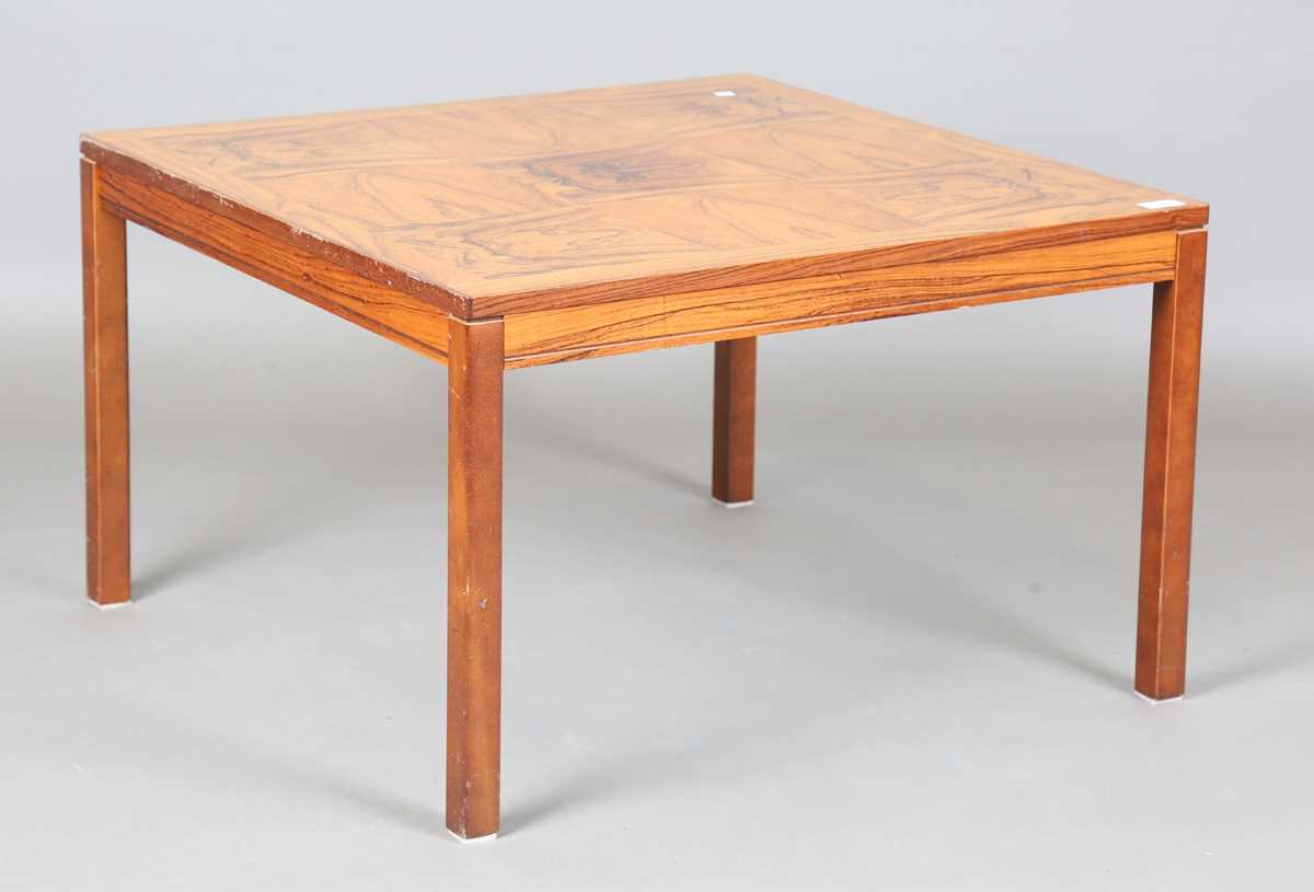 A mid-20th century Norwegian walnut square coffee table by Heggen, height 46cm, width 75cm.