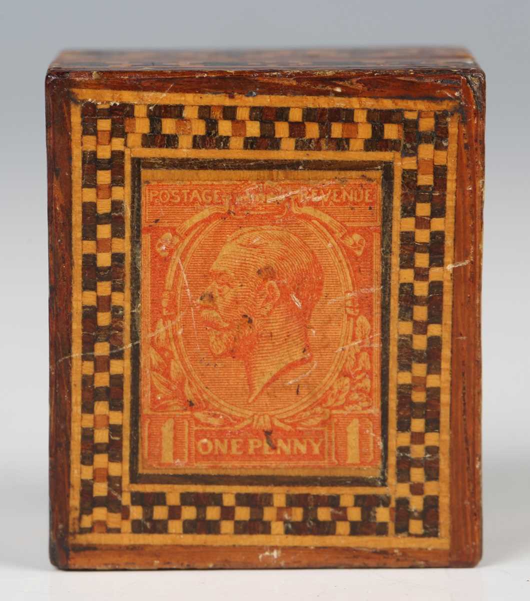 An Edwardian Tunbridge ware stamp box, the lid with an applied 'One Penny' stamp, length 3.8cm, - Image 2 of 9