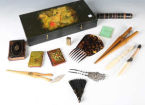 A mixed group of collectors' items, including a 19th century vernis Martin aide-mémoire, length 8.