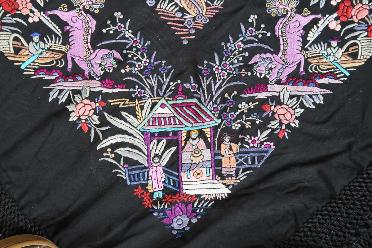 A mid-20th century Chinese silkwork shawl, profusely embroidered with birds, animals and figures - Image 5 of 16