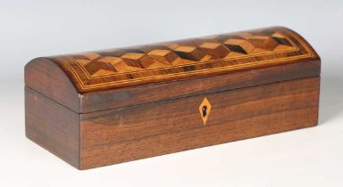 A late Victorian Tunbridge ware rosewood dome-topped box, the lid with a geometric cuboid panel,