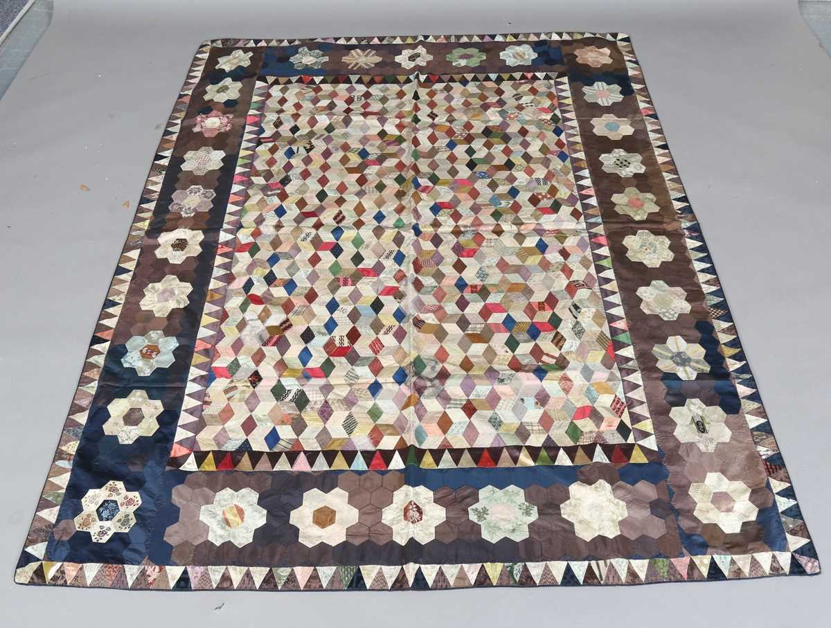 A mid-Victorian silk patchwork quilt, 190cm x 150cm, together with another similar silk and cotton - Image 8 of 11