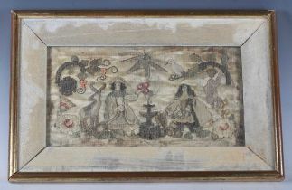 A Charles II stumpwork panel, finely worked in coloured silks, chenille and coral beads with a