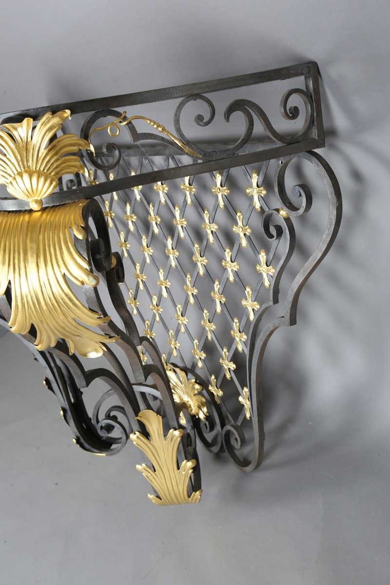 An impressive 20th century black and gilt painted wrought iron console table, the substantial Brèche - Image 7 of 12