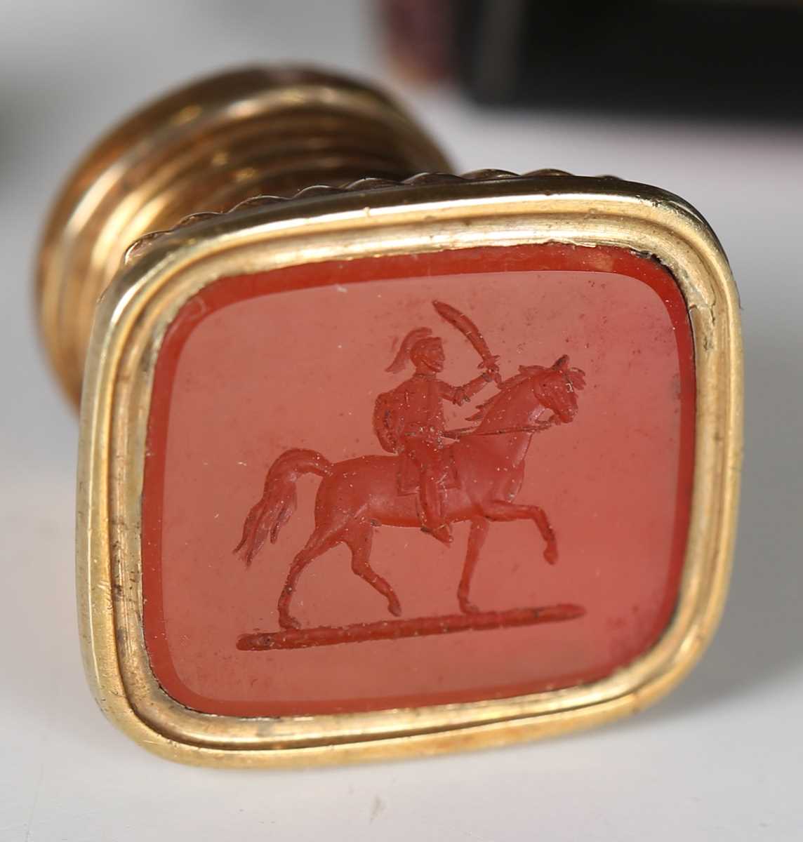 A 19th century banded agate pocket seal with engraved hardstone matrix, length 4.8cm, a 19th century - Image 5 of 9