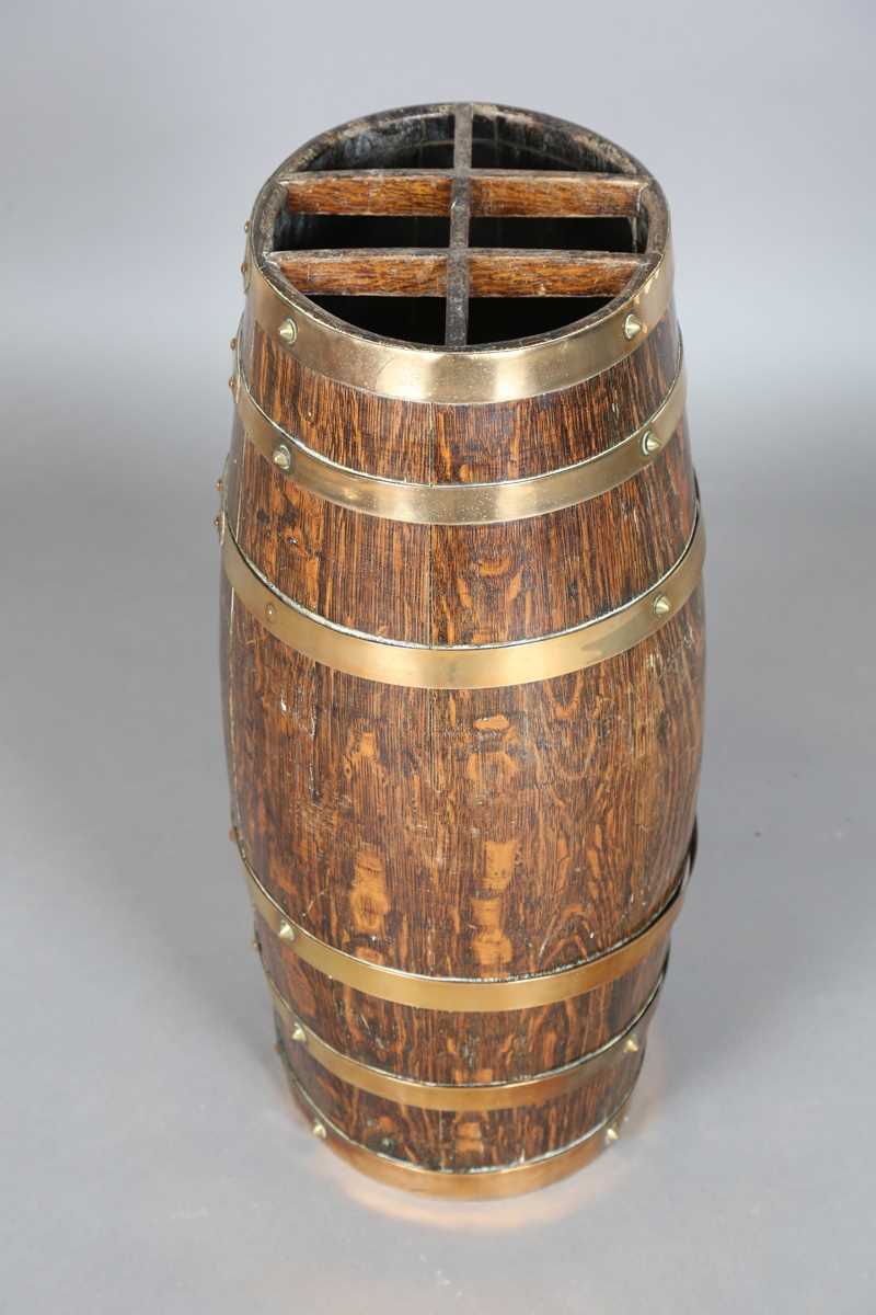 A late 19th century coopered oak barrel stick stand with six applied brass straps, height 63cm, - Image 10 of 11