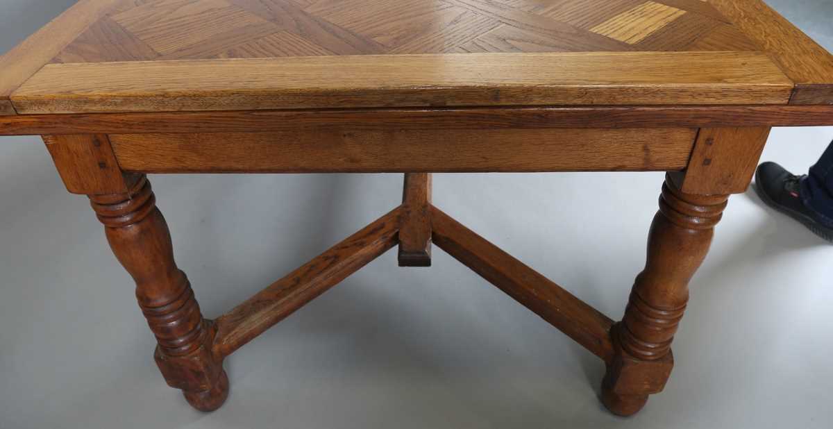 A 20th century French parquetry oak draw-leaf dining table, on turned legs, height 75cm, length - Image 10 of 10