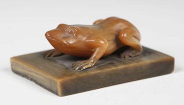 A 19th century Chinese carved rhinoceros horn model of a frog, mounted on a horn rectangular base,