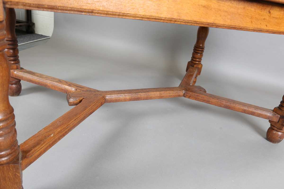 A 20th century French parquetry oak draw-leaf dining table, on turned legs, height 75cm, length - Image 8 of 10