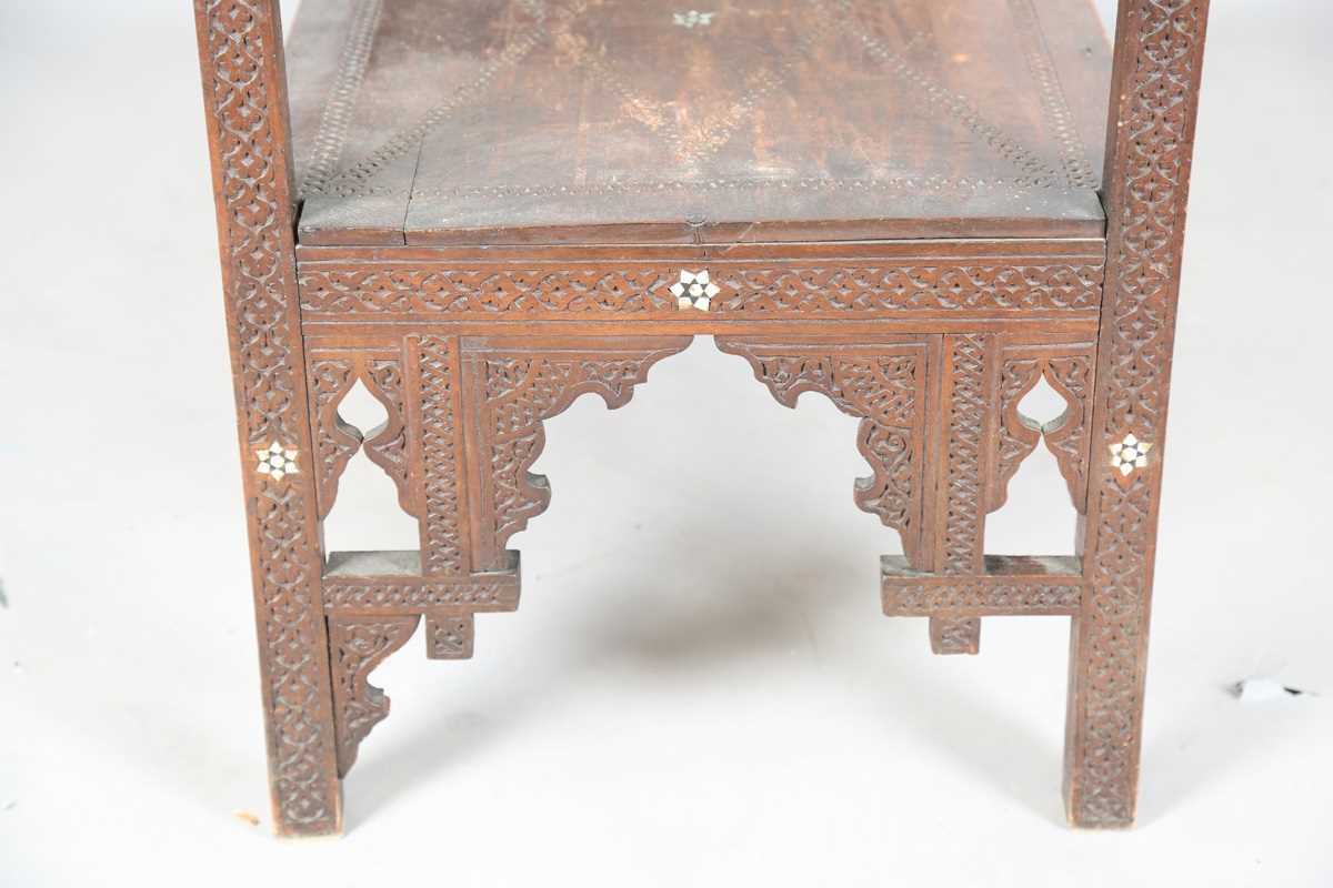 A late 19th century Middle Eastern hardwood and mother-of-pearl inlaid window seat, similar to those - Image 13 of 19