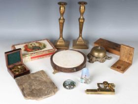 A mixed group of collectors' items, including a Regency brass inlaid display stand with inset marble