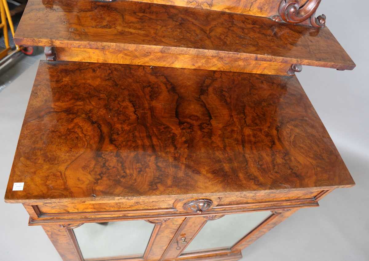 A Victorian burr walnut chiffonier, the shelf back above a drawer and a pair of mirrored doors, on a - Image 4 of 9