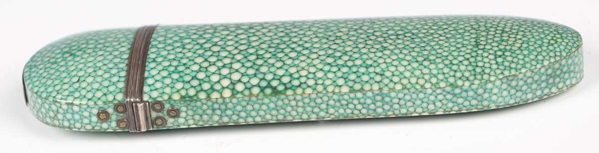 A late 18th century shagreen and white metal mounted spectacles case, length 13cm, containing a pair - Image 8 of 8
