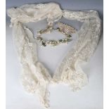 A 19th century net and applied lace stole, 300cm x 44cm, together with a wax bridal headdress and