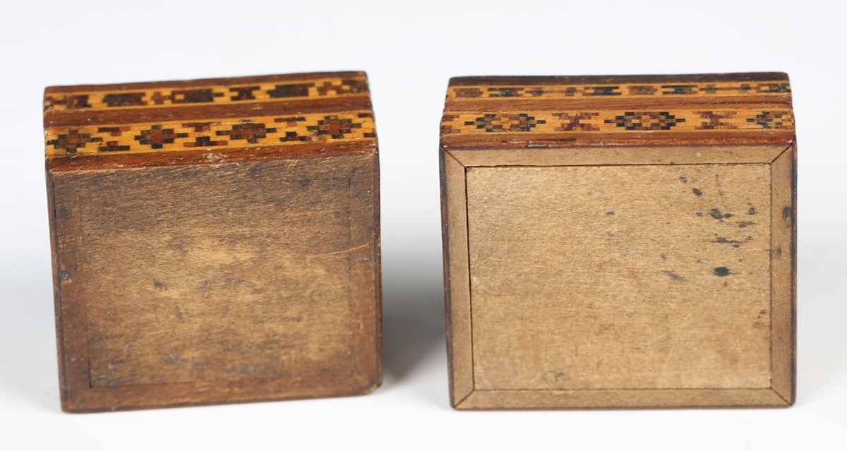 An Edwardian Tunbridge ware stamp box, the lid with an applied 'One Penny' stamp, length 3.8cm, - Image 9 of 9