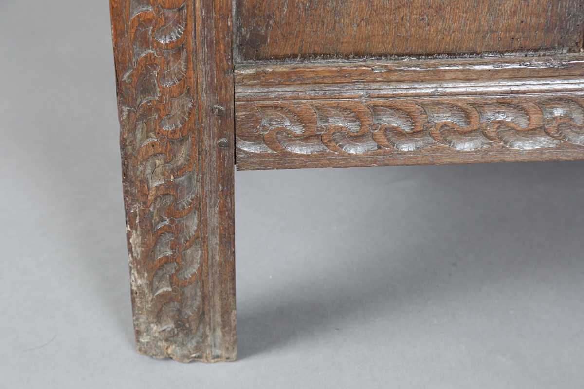 A 17th century oak panelled coffer, the lid with original wire hinges, height 71cm, width 125cm, - Image 10 of 17