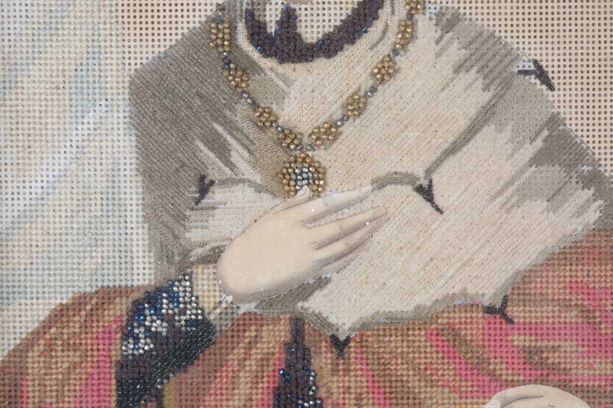 A 19th century printed, needlework and beaded icon depicting Jesus Christ, within a giltwood - Image 3 of 9