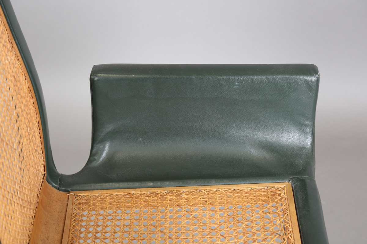 A John Makepeace satinwood and green leather covered armchair with a caned seat and back panel, - Image 9 of 13