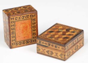 An Edwardian Tunbridge ware stamp box, the lid with an applied 'One Penny' stamp, length 3.8cm,