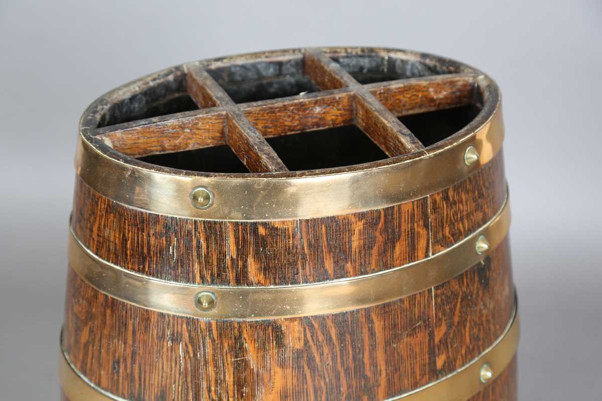 A late 19th century coopered oak barrel stick stand with six applied brass straps, height 63cm, - Image 3 of 11