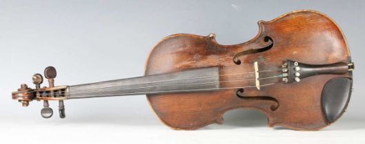 A violin with striped two-piece back, length of back excluding button 35.9cm, cased, together with