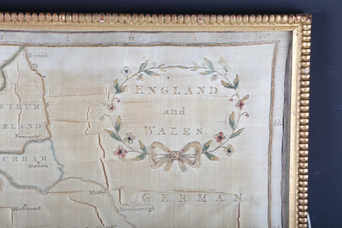A George III silkwork panel of England and Wales, finely worked with coloured chenille borders, 53cm - Image 2 of 11