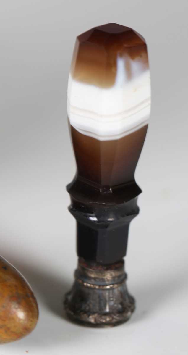 A 19th century banded agate pocket seal with engraved hardstone matrix, length 4.8cm, a 19th century - Image 2 of 9