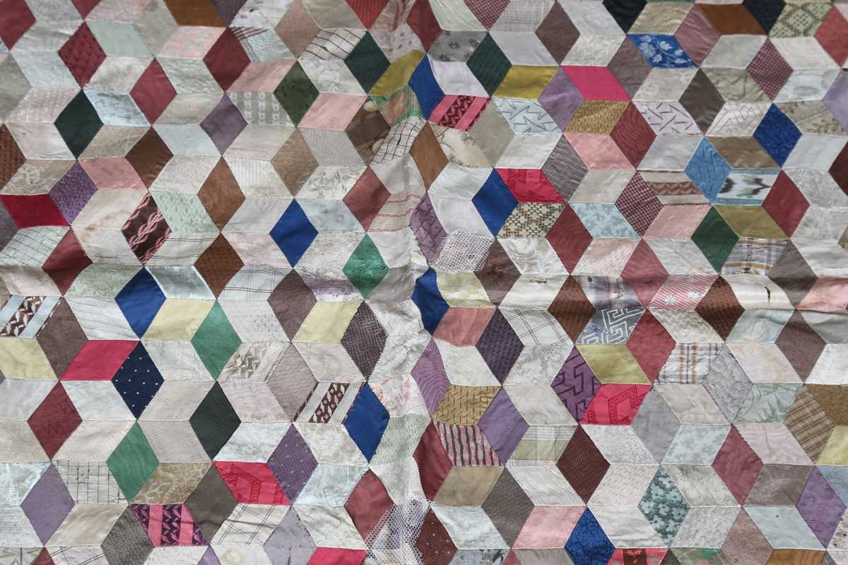 A mid-Victorian silk patchwork quilt, 190cm x 150cm, together with another similar silk and cotton - Image 9 of 11