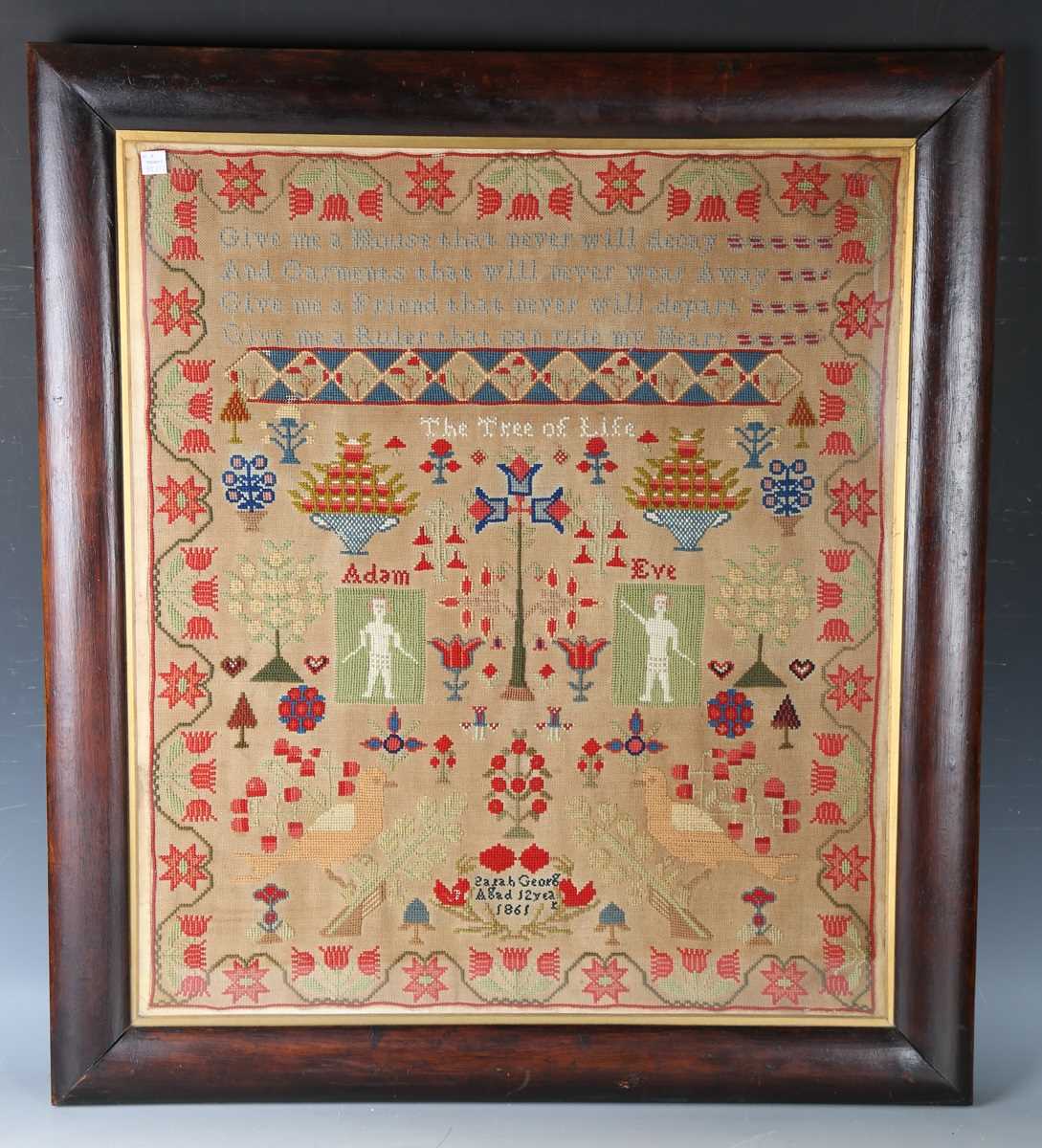 A large mid-Victorian woolwork sampler by Sarah George, aged 12 years, dated 1861, worked in
