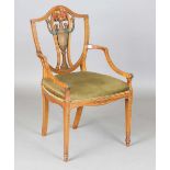An Edwardian Neoclassical Revival satinwood elbow chair, the pierced back painted as a classical urn