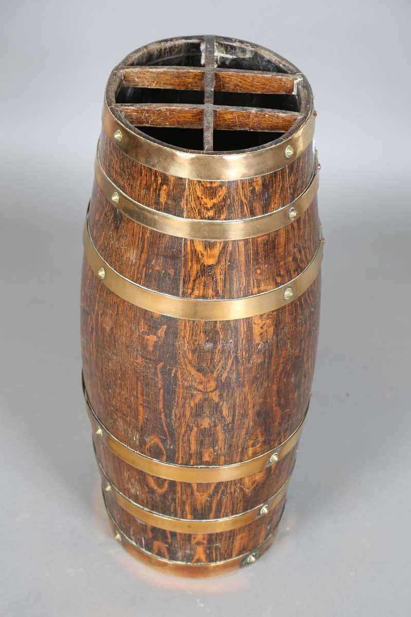 A late 19th century coopered oak barrel stick stand with six applied brass straps, height 63cm, - Image 9 of 11