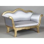 A late 20th century giltwood showframe settee, upholstered in grey foliate patterned silk, height