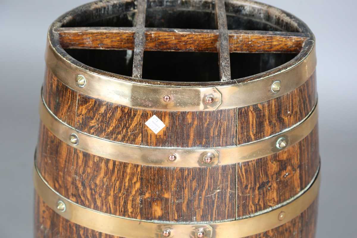 A late 19th century coopered oak barrel stick stand with six applied brass straps, height 63cm, - Image 6 of 11