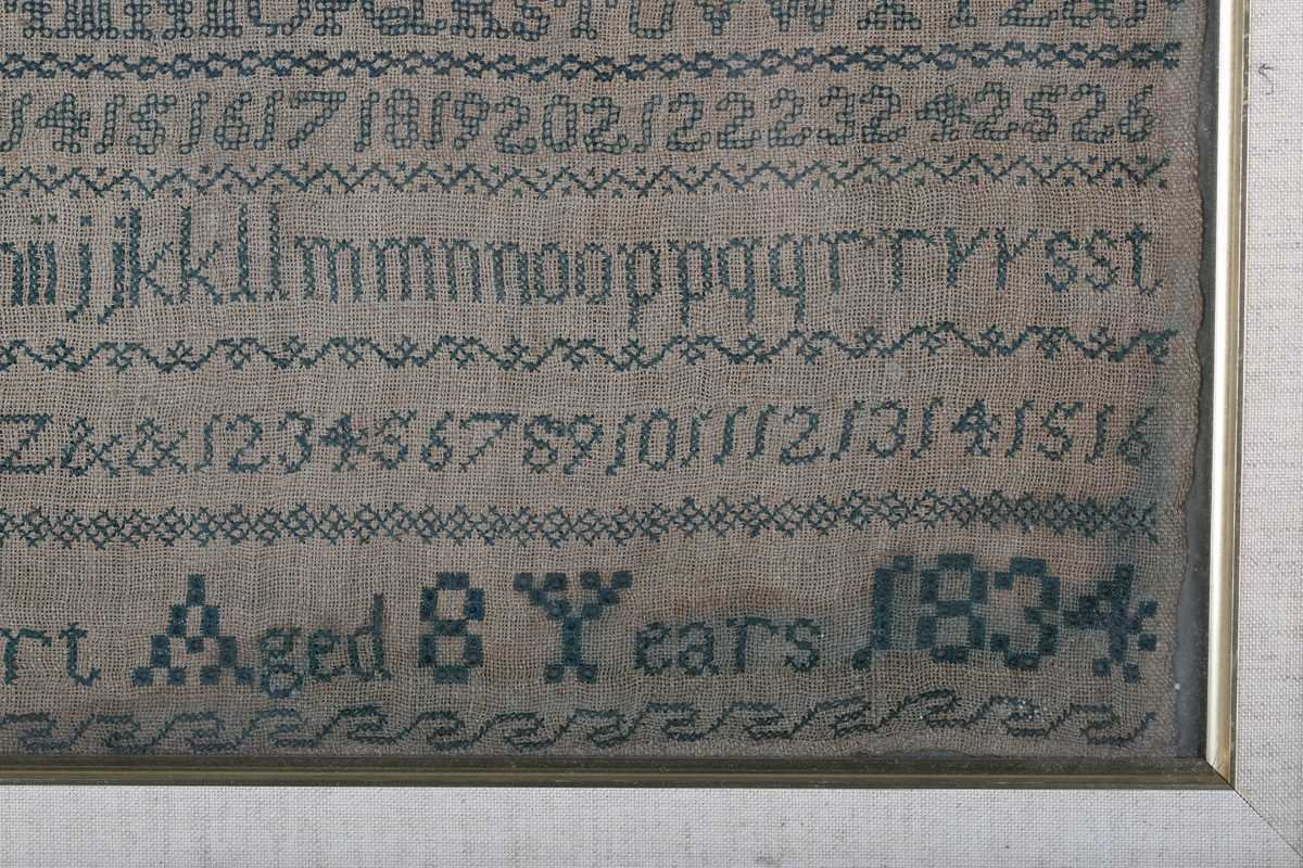 A William IV needlework sampler by Maria P Gilbert, aged 8 years, dated 1834, finely worked in green - Image 5 of 6