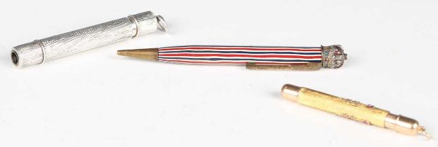An Edwardian propelling pencil with paste set crown terminal and striped enamel shaft, possibly made