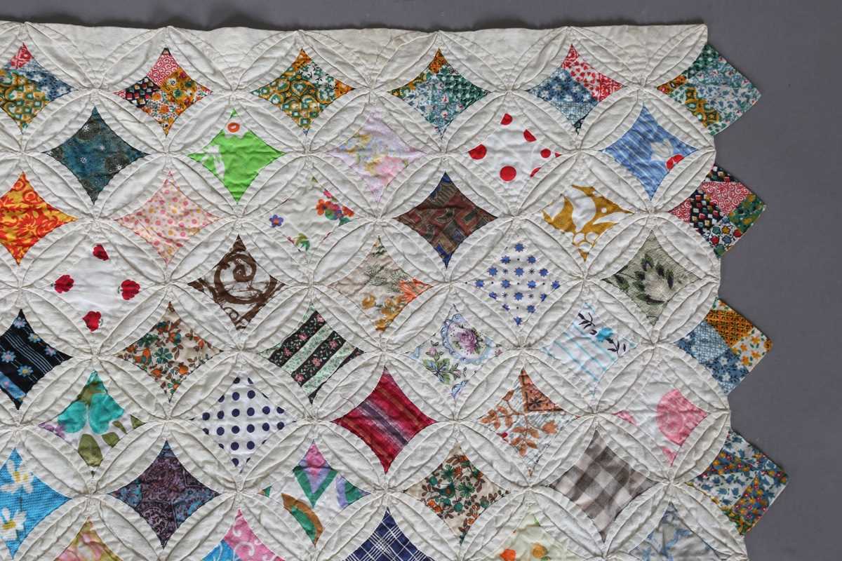 A mid-20th century 'Cathedral Window' cotton patchwork quilt, 230cm x 193cm. - Image 5 of 9