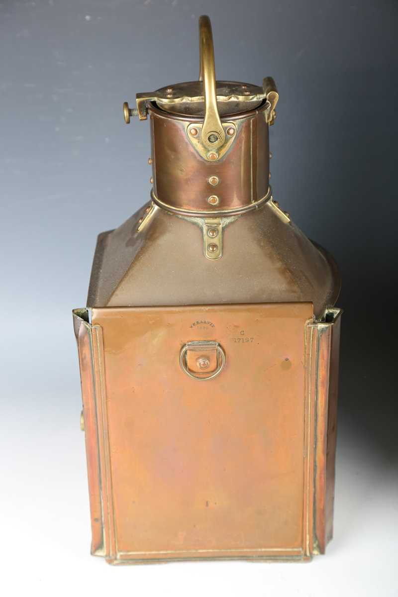 A late 19th century copper and brass 'Port' ship's lamp by 'Wm Harvie', height 46cm, together with a - Image 5 of 14