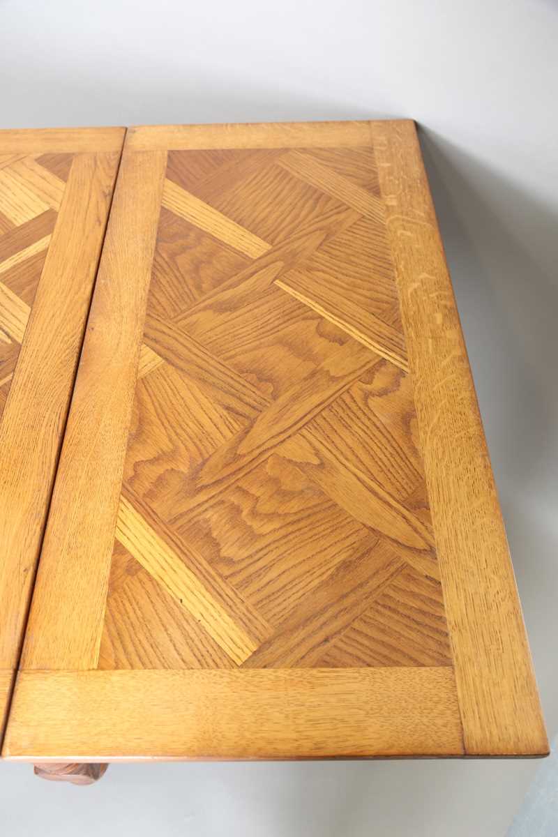 A 20th century French parquetry oak draw-leaf dining table, on turned legs, height 75cm, length - Image 5 of 10