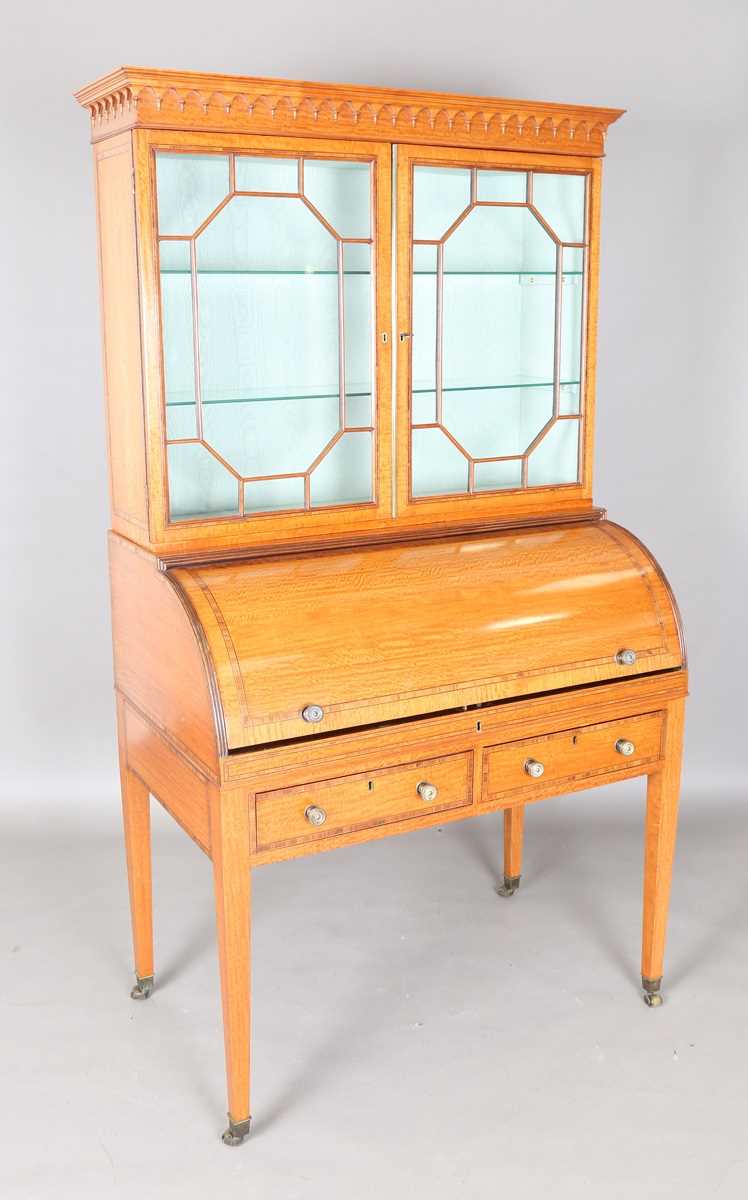An Edwardian Neoclassical Revival satinwood cylinder bureau bookcase with overall kingwood - Image 10 of 21