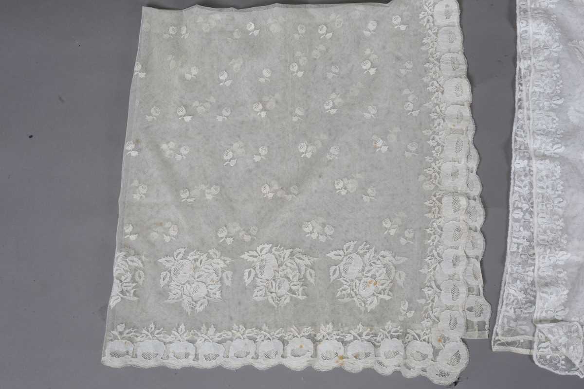 A Limerick lace veil, 103cm x 100cm, a Carrickmacross lace veil, 114cm x 114cm, another lace veil - Image 3 of 9