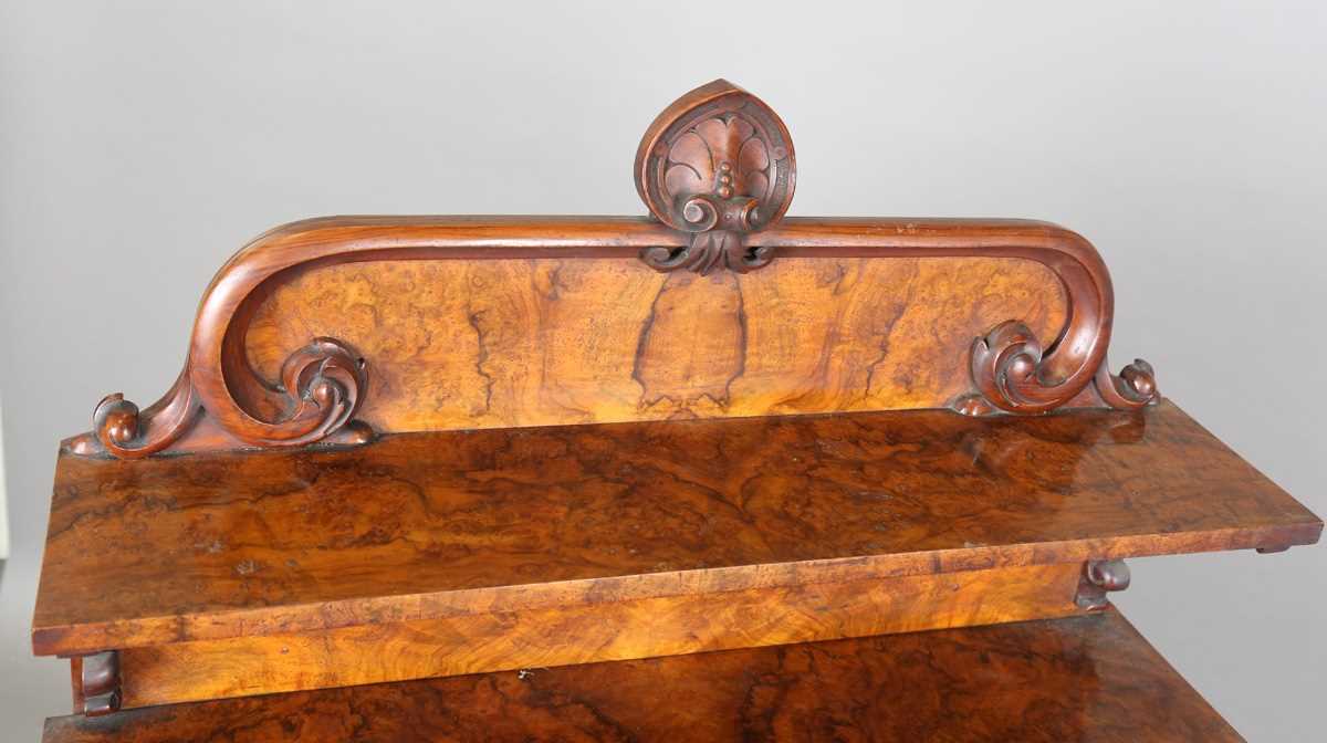 A Victorian burr walnut chiffonier, the shelf back above a drawer and a pair of mirrored doors, on a - Image 2 of 9