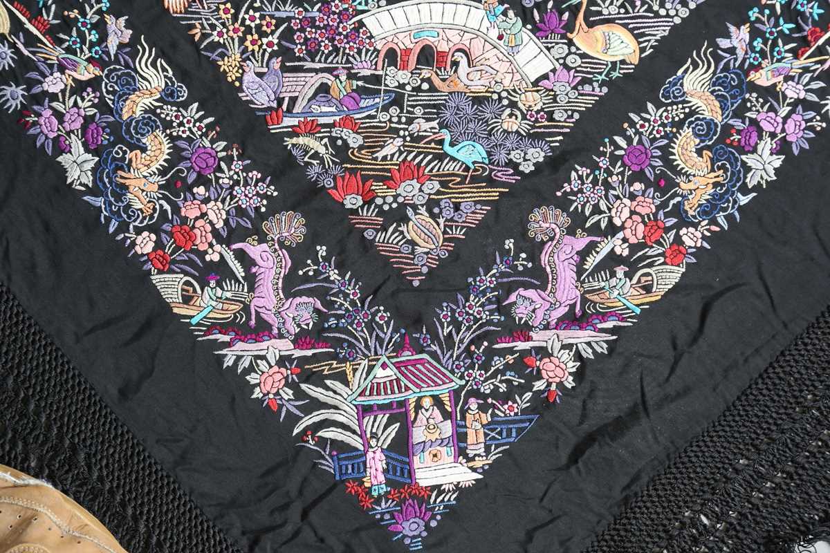 A mid-20th century Chinese silkwork shawl, profusely embroidered with birds, animals and figures - Image 8 of 16