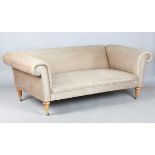 A David Linley scroll arm sofa, upholstered in pink dotted gilt damask, raised on fluted wooden legs