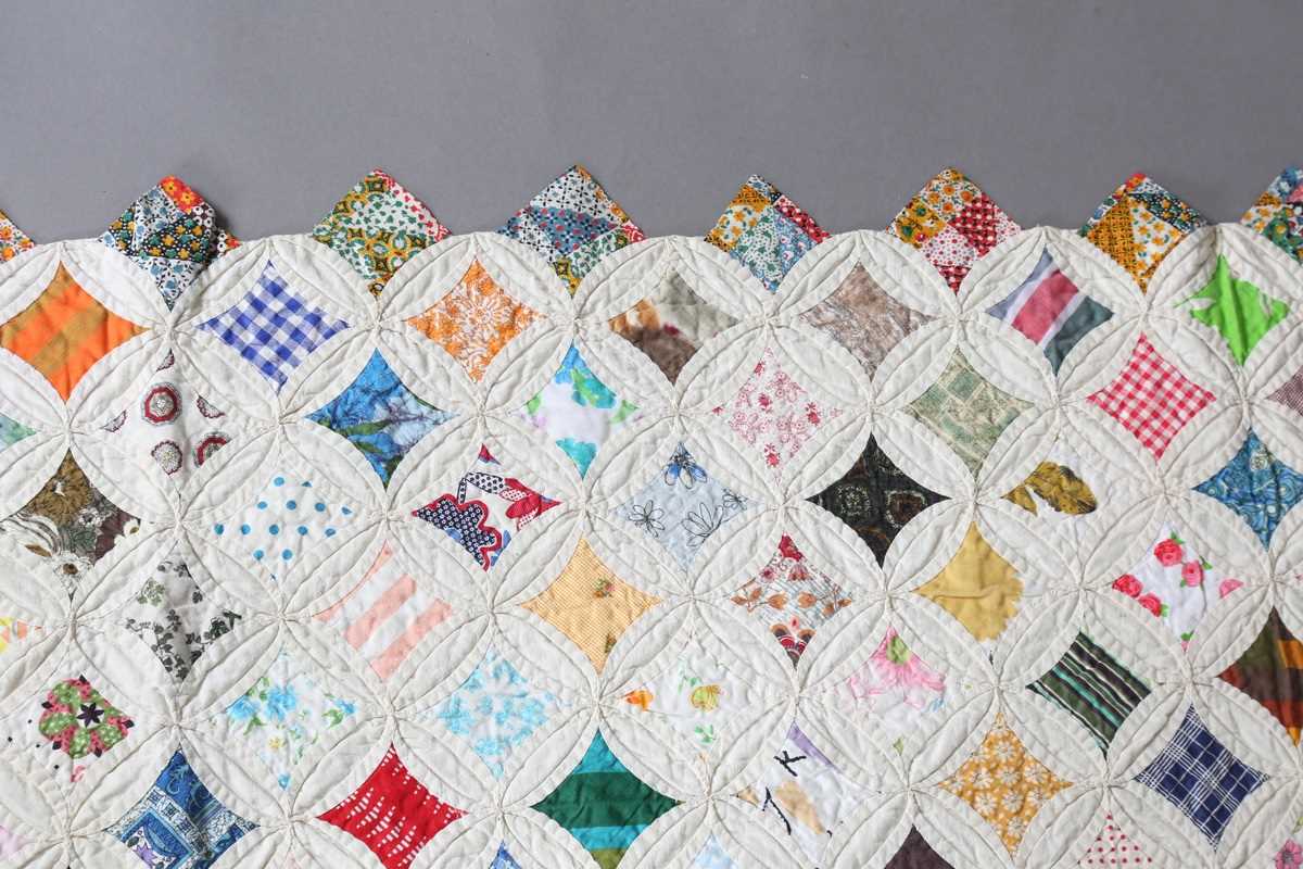 A mid-20th century 'Cathedral Window' cotton patchwork quilt, 230cm x 193cm. - Image 8 of 9